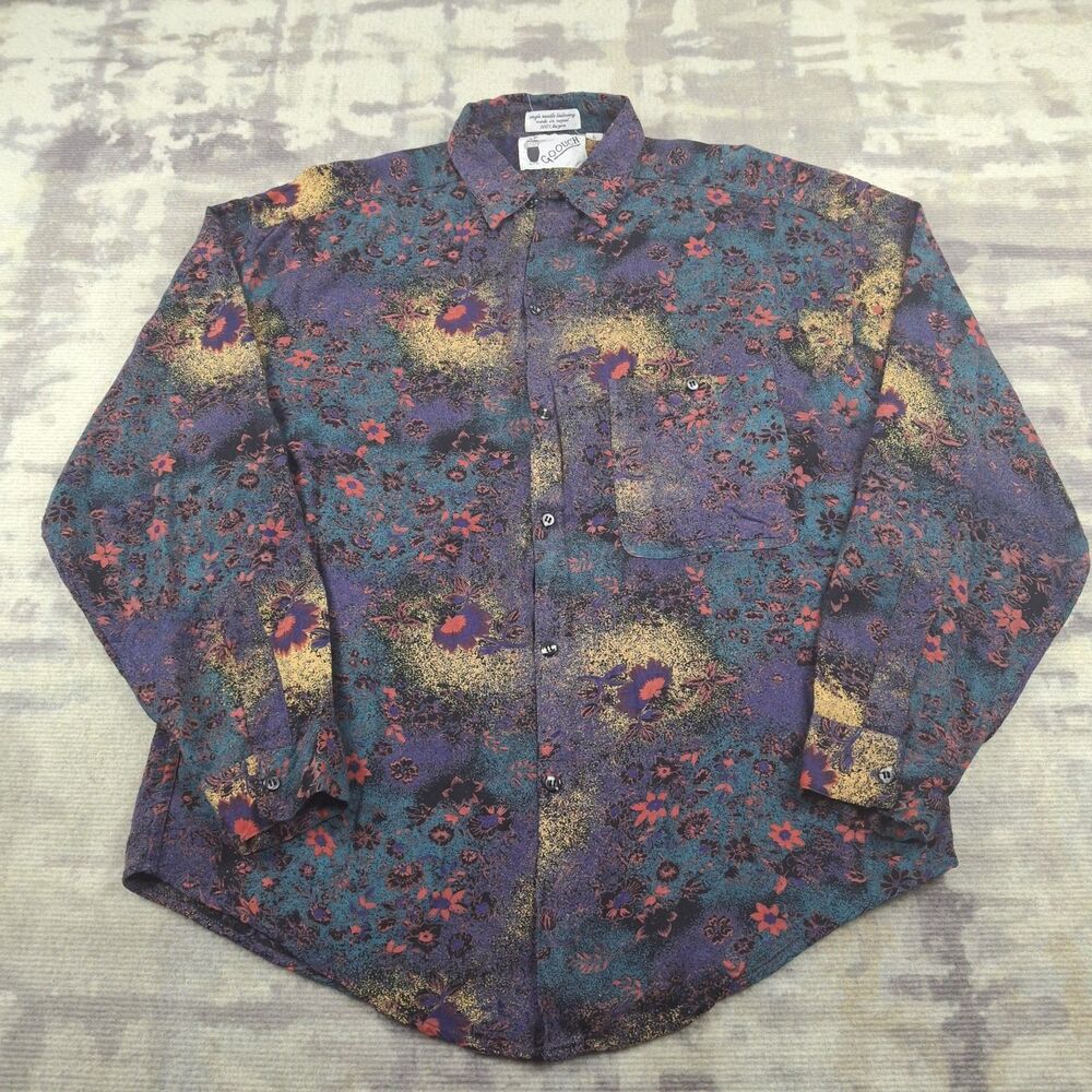 Vintage Goouch 90s Rayon Shirt Large L Long Sleeve Abstract Floral Purple Grunge